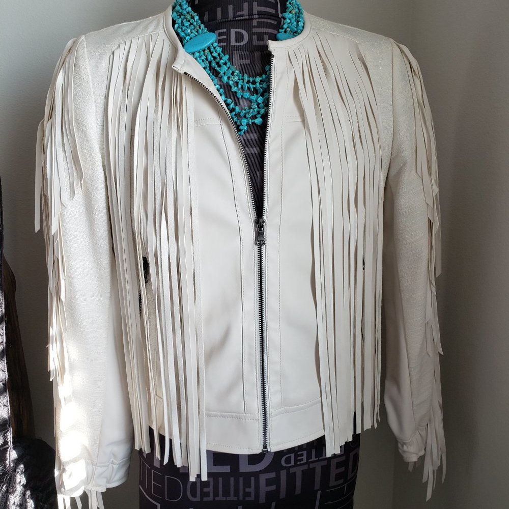 White Vegan Leather Fringed Cowgirl Jacket -- STUNNING! Like new Size Large